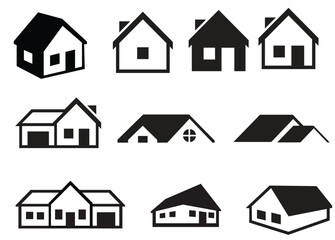 Set of nine black and white house icons featuring various styles and shapes
