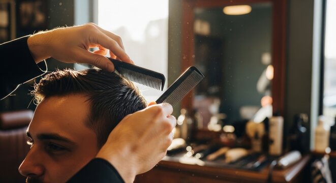 Barber combs customer's hair