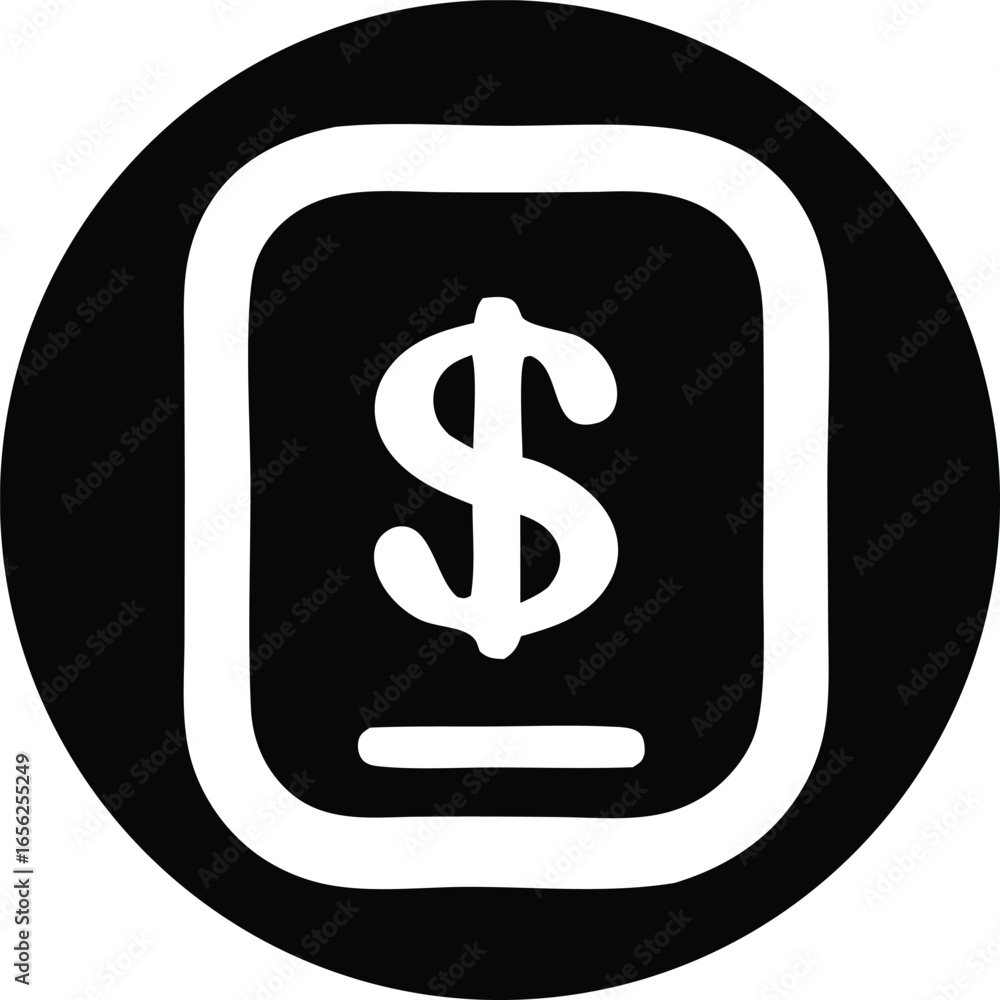 Poster simple black and white icon featuring a dollar sign within a rounded square inside a circle