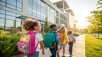 Kids walking to school with backpacks during early morning sunlight in a modern urban setting
