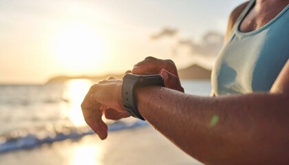 A fit woman checks her smartwatch on a beautiful beach during a golden sunrise.