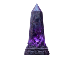 Tall dark crystal obelisk with a luminous purple core and a rough stone base.
