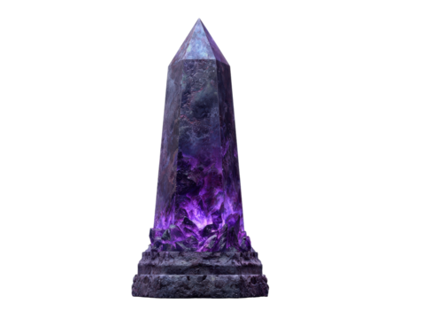 Tall dark crystal obelisk with a luminous purple core and a rough stone base.