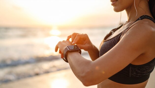 A woman checks her smartwatch on the beach at sunrise, tracking her fitness activity. - Powered by Adobe