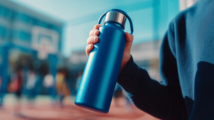 Blue sports bottle held by child outdoors
