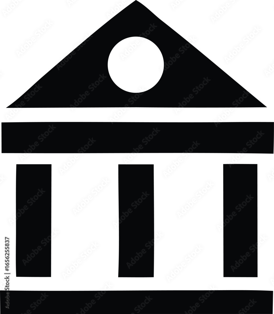 Poster a minimalist black and white icon representing a classical building with a pediment columns and a ci