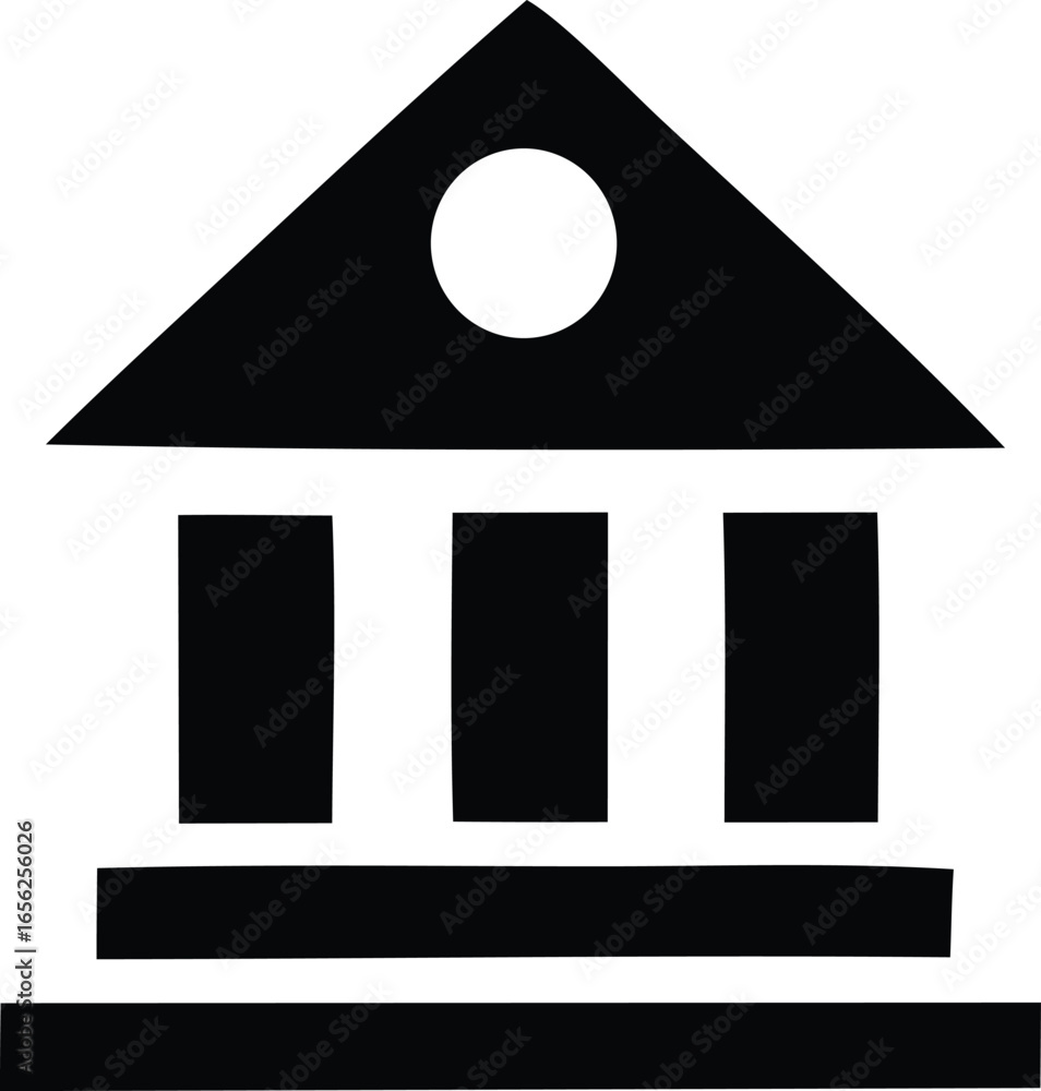Poster simple black silhouette icon of a classical building with columns and a pediment featuring a circula