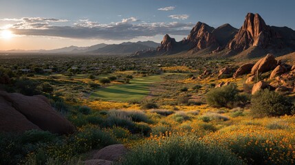 Golden hour view of a vibrant desert landscape with rocky mountains and flowers