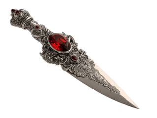 Ornate silver fantasy dagger with an intricate hilt filigree details and inlaid faceted red gemstones.