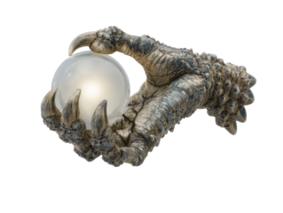Detailed reptilian monster claw with sharp talons holding a glowing translucent orb.