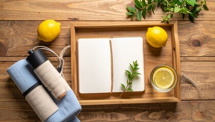 A serene lifestyle flat lay featuring an open notebook, lemons, a glass of water with lemon, and rolled towels on a wooden tray.