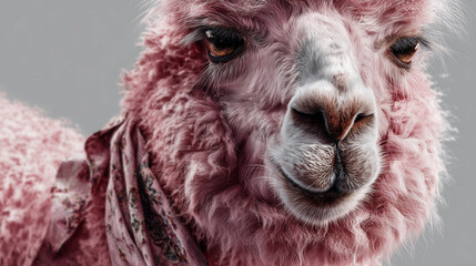 Elegant Pink Llama with Silk Scarf and Graceful Smile