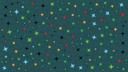 Patterned teal background filled with multicolored starburst shapes. Suitable for designs involving excitement, celebration, and vibrant colors. Great for festive occasions or marketing materials.