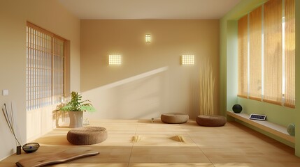 Soft modern apartment interior with minimalist tan floors, reed blinds, solar wall lights, and pastel green accents throughout.