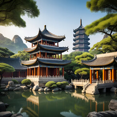 Fototapeta premium An ancient Chinese landscape featuring traditional pavilions and trees, showcasing the beauty of nature and classical architecture in a serene, historical setting.