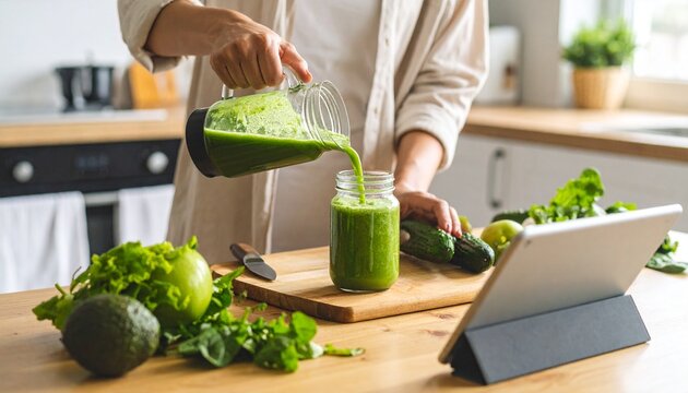 A person in a modern kitchen pouring a freshly blended green smoothie from a pitcher into a glass jar, surrounded by healthy ingredients and a tablet. - Powered by Adobe