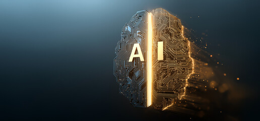 Artificial intelligence concept with circuit board brain and ai text on a dark blue background