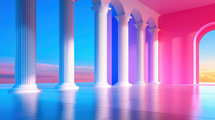 Obraz premium Stunning architectural scene featuring white columns against vibrant gradient background of blue and pink hues, creating serene atmosphere