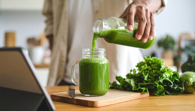 Pouring green smoothie into a glass jar, with kale and artichokes on a wooden table.