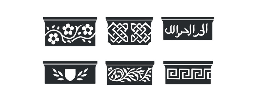 flat black solid icon items isolated on white background engraved lintel (designs): floral geometric script emblem relief border