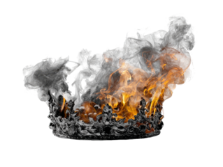 A dark ornate royal crown engulfed in intense orange flames and billowing grey smoke.