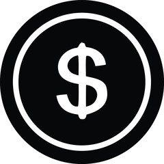Bold black and white icon of a circular coin featuring a prominent white dollar sign at its center