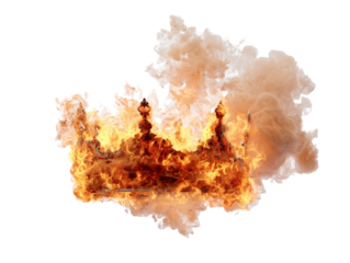 An ornate baroque-style royal crown engulfed in intense bright orange flames and thick billowing smoke.