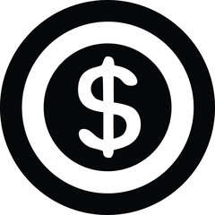 Bold black and white icon featuring a prominent dollar sign centered within concentric circles representing finance