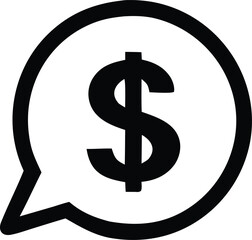 A bold black dollar sign prominently displayed within a white speech bubble symbolizing financial communication or a money related message