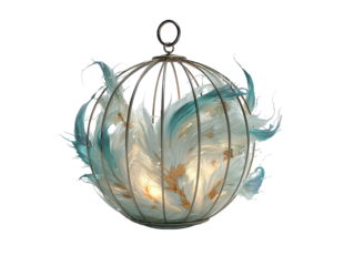 Artistic spherical pendant light with a metal cage and swirling teal and white glass feathers.