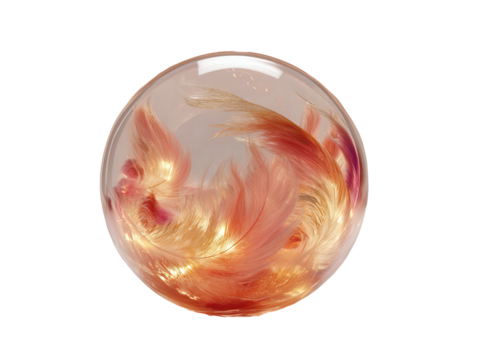 A luminous glass sphere filled with swirling pink orange and golden feathers illuminated from within.