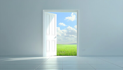 Open white door in modern interior leading to lush green field under blue sky.