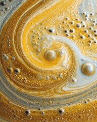 Abstract swirls and bubbles in vibrant gold and gray colors forming a captivating texture and design element