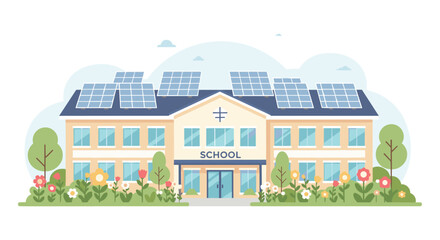 Fototapeta premium A modern school building with solar panels on its roof, surrounded by green trees and colorful flowers, illustrating sustainable education.