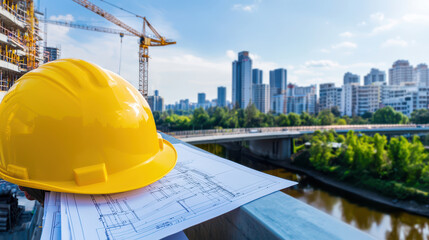 Construction helmet rests on blueprints with city skyline in background, showcasing urban development and engineering