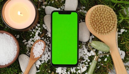 Top-down view of a smartphone with a green screen surrounded by spa and wellness items on a moss and pebble background.