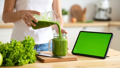 Woman pouring a green smoothie into a glass jar in a kitchen, with a tablet in the background.