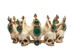 Ornate gothic crown of skulls and bones adorned with large green emerald-like jewels in golden settings.