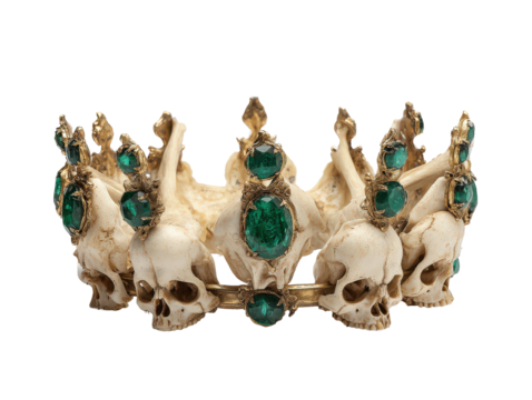 Ornate gothic crown of skulls and bones adorned with large green emerald-like jewels in golden settings.