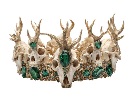 A circular crown of small deer skulls and golden antlers lavishly decorated with faceted green gems and sparkling crystals.