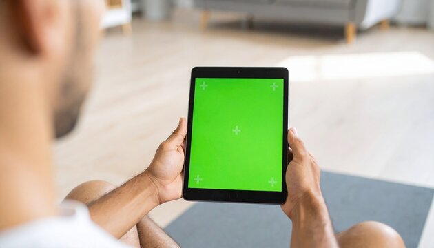Man holds a tablet with a green screen display, viewed from behind, in a bright, modern living space.