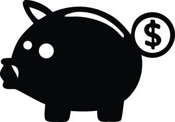 Simple black silhouette of a piggy bank with a dollar coin being inserted into its slot