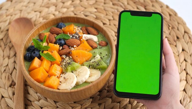 A healthy breakfast smoothie bowl topped with fruits, nuts, and seeds, next to a smartphone with a green screen. - Powered by Adobe