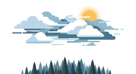 A stylized illustration shows a sunny sky above a dark coniferous forest, ideal for illustrating weather, nature, or environmental themes in publications or websites.