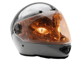 Fantasy concept of a glowing fire cat with intense eyes inside a protective grey helmet.