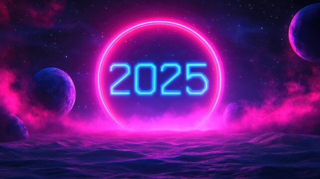 Glowing neon 2025 in a cosmic circle.