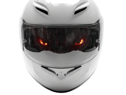 Sleek white motorcycle helmet with cat ears and menacing glowing orange eyes in the visor.