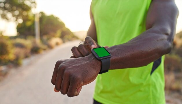Close-up of an athletic person checking a smartwatch with a green screen during an outdoor workout.