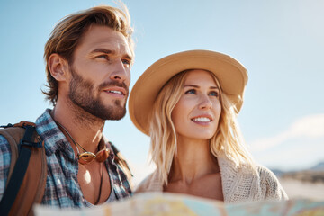 couple excitedly plans their romantic getaway under ultrabright blue sky dreaming of adventure