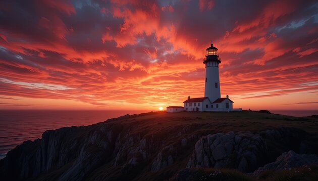 A dramatic sunset paints the sky in vibrant hues of orange and red, highlighting a tall white lighthouse standing sentinel on a coastal hilltop.